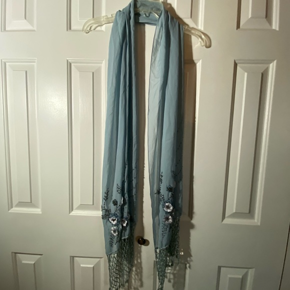 Sue Wong Accessories - Sue Wong Pale Blue Embroidered Floral Scarf with Beaded Fringe